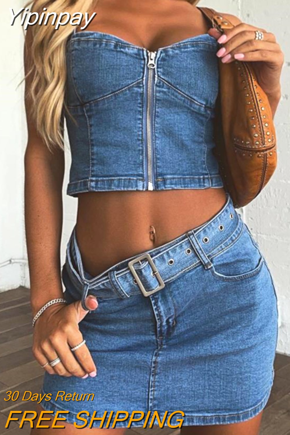 Yipinpay Blue Denim Two Pieces Skirts Sets Women Jeans Streetwear Low Cut Straps Bustier Crop Tops+Mini Bodycon Skirts Club Sets