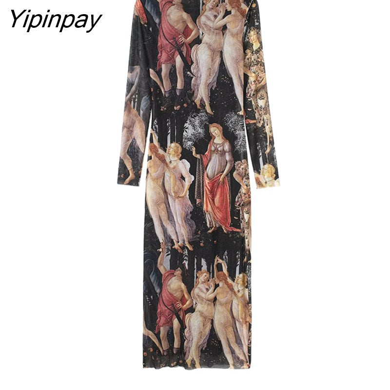 Yipinpay Newest Spring Summer Printed Tulle Dresses 2023 Vintage Elegant Long Sleeve O-neck Party Dress Sheath Mid-Calf Vestidos