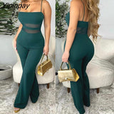 Yipinpay Women Elegant Solid Spaghetti Straps Sleeveless Contrast Mesh Patch Sexy Straight Leg Jumpsuits