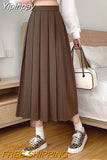 Yipinpay Vintage Brown Pleated Long Skirts Women Korean Fashion High Waist Chic Elegant A-line Midi Skirt for Girls Preppy Style