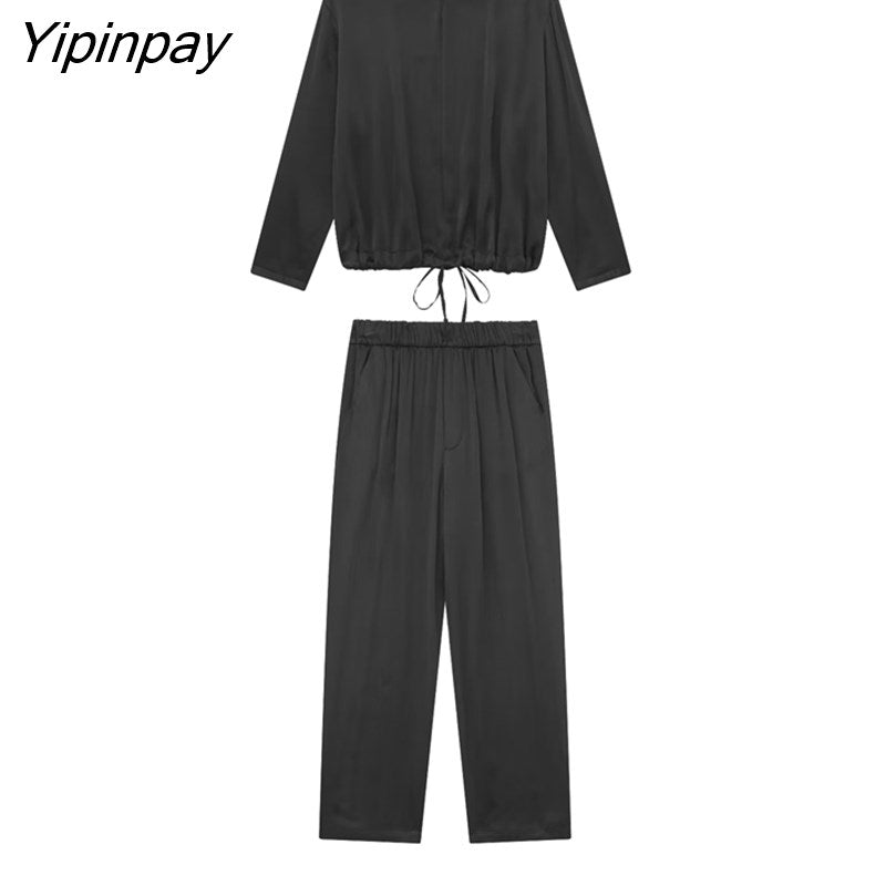 Yipinpay Summer Soft Silk Loose Blouse Pants Sets Suit 2023 Casual Short Tops Elastic Waist Pajama style Pants Outwear
