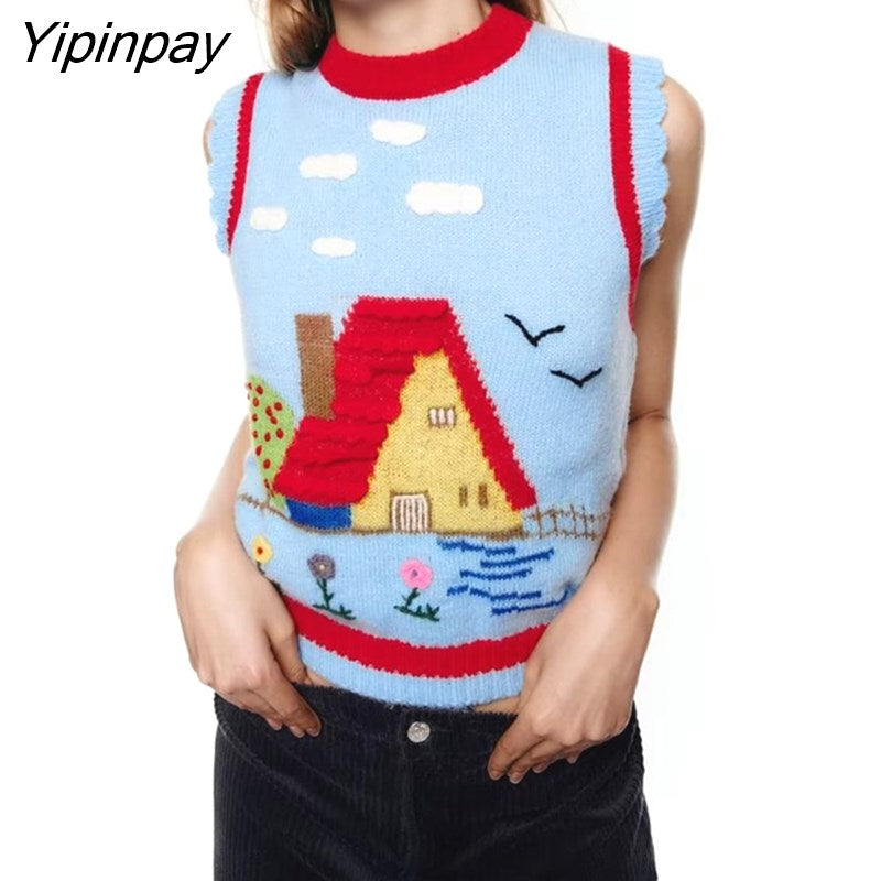 Yipinpay 2023 Women Embroidery Knitted Vest Sweater Spring Autumn Vintage O-neck Sleeveless Female Waistcoat Chic Tops