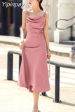 Yipinpay Elegant Sling Satin Dresses For Women Summer Sleeveless Folds Purple Long Dress Vestidos