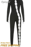 Yipinpay Ring Hollow Tight Jumpsuit Elegant For Women Long Sleeve Back Zipper Clothes Hot Girl Nightclub Street Casual Jumpsuits