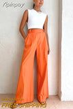 Yipinpay Elegant Orange High Waist Pants Pleated Wide Legs Cotton Linen Trousers Office Ladies 2023 Breathable Pants Summer