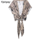 Yipinpay Fashion 2023 Spring Summer Printed Blouse Pants Sets Casual Short Sleeve Soft Bow Shirts Bow Wide Leg Pants Outwear