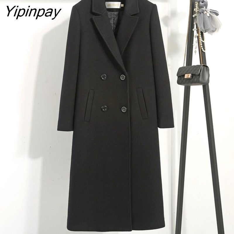 Yipinpay Cotton Mixed Black Woolen Coat Women's Long Winter Korean Version Slim Fitting Thickened With