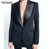 Yipinpay 2023 Women Fashion Single Button Blazer Coat Vintage Notched Collar Jacket Long Sleeve Ladies Slim Outerwear Stylish Tops