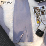 Yipinpay Winter Green Slit Knitted Skirt High Waist Korean Long Skirt