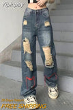 Yipinpay Hole Boyfriend High Waist Women's Wide Leg Baggy Jeans Woman Streetwear Vintage Denim Trouser Fairy Grunge Alt Clothes