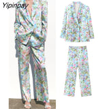 Yipinpay Women Spring Summer Thin Print Blazer Suits Sets 2023 Fashion Silk Satin Double Breasted Jacket Casual Wide Leg Pants