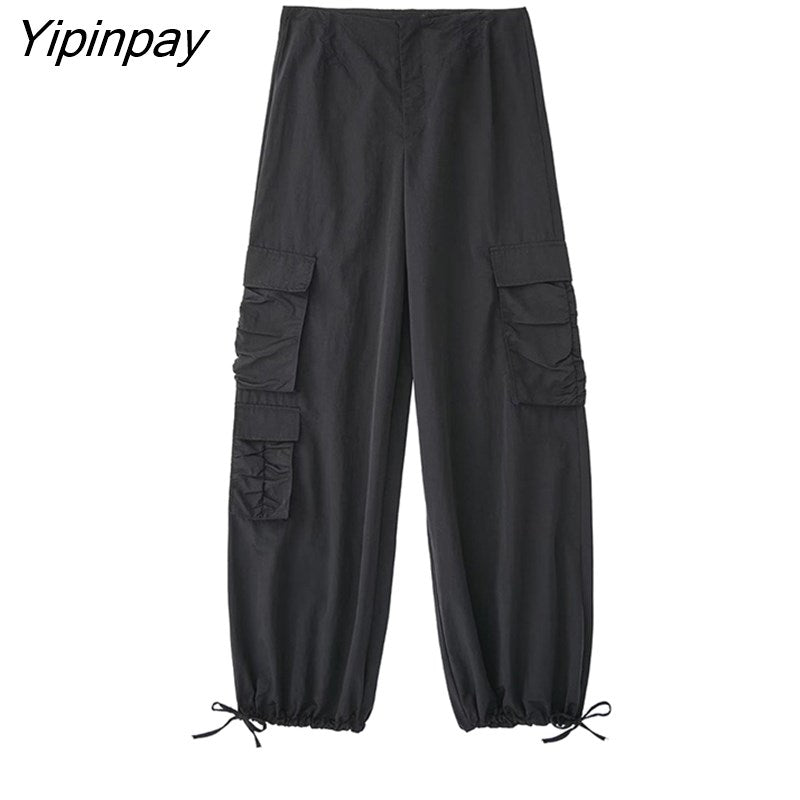 Yipinpay Fashion Women High Waist Cargo Pants 2023 Spring Autumn Elegant Street Zipper Female Solid Long Trousers