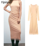 Yipinpay Elegant Women Solid Tulle Dresses Vintage Party Sheath Mid-Calf Dress Long Sleeve Vestidos 2023 Spring Autumn