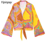 Yipinpay 2 Piece Set Women Summer Bow Tops And Sarong Skirts Elegant Printed Suits Long Sleeve Casual Turn Down Collar Shirts