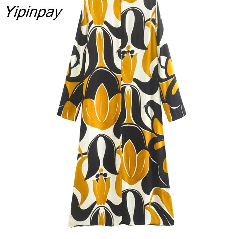 Yipinpay Elegant Women Printed O-neck Dresses 2023 Fashion Loose Female Mid-Calf Dresses Long Sleeve Soft Party Vestidos