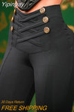 Yipinpay Women Casual High Waist Criss Cross Button Deco Skinny Spring&Autumn Black Pencil Pants