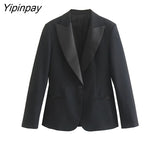 Yipinpay 2023 Women Fashion Single Button Blazer Coat Vintage Notched Collar Jacket Long Sleeve Ladies Slim Outerwear Stylish Tops