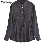 Yipinpay Fashion Solid Black Pants Sets 2023 Spring Autumn Long Sleeved Chic Blouses With Lace +Zipper Pants Street Casual Outwear