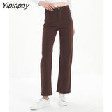 Yipinpay Brown Vintage Baggy Jeans Women 2023 Spring Casual Streetwear Wash Elastic Denim Striaght Jeans Ladies Pants
