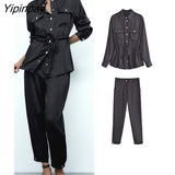 Yipinpay Fashion Solid Black Pants Sets 2023 Spring Autumn Long Sleeved Chic Blouses With Lace +Zipper Pants Street Casual Outwear