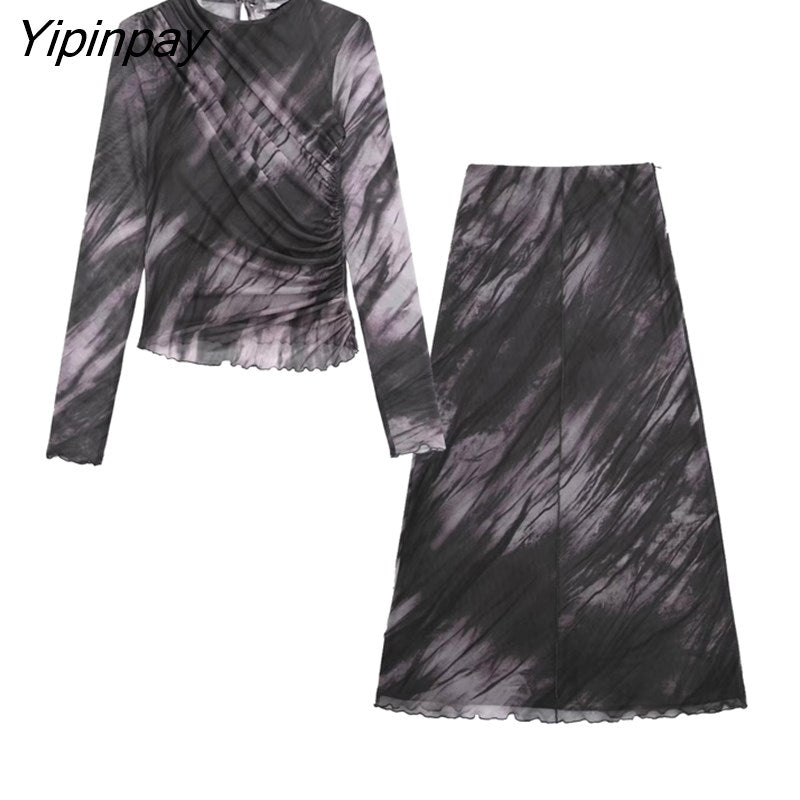Yipinpay Fashion 2023 Spring Autumn Ladies Tulle Printed Sets Folds O-Neck Top A-Line Mid-Calf Skirts Long Sleeve Casual Suits
