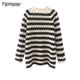 Yipinpay Soft Women Striped Knitted Sweater 2023 Spring Autumn Harajuku Fashion Cropped Hollow Out Tops O-neck Long Sleeve Sweater