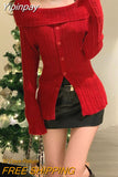 Yipinpay Winter Red Casual Knitted Sweater Woman Slim Korean Style Elegant Tops Office Lady Long Sleeve Fashion Pullover Design