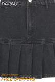 Yipinpay Punk Black Denim Mini Skirt Pleated Women Sexy Grunge High Waisted Pocket Patchwork A-line Jean Skirt E Girl Streetwear