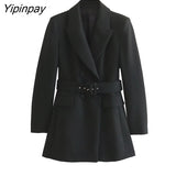 Yipinpay Women Solid Blazer Jacket With Belt 2023 Spring Autumn Notched Office Outfits Coats Double Breasted Chic Outwear Two Colors