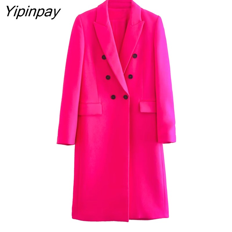 Yipinpay Women Solid Coats 2023 Thick Lapel Double Breasted Long Coats Lady Outerwear Fashion Long Clothes 2023 Autumn Winter