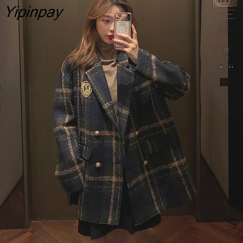 Yipinpay Women Suits Preppy Style Oversize Plaid Suit Woolen Coat Loose Long Ladies Overcoat Casual Female HOT Women Jacket