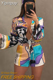 Yipinpay Pieces Set Sexy 2023 Summer Autumn Fashion Women Set Female Tops Floral Print Long Sleeve Shirt And Elastic Waist Shorts Scarf