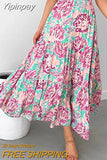 Yipinpay Womens Summer Skirt Boho Elastic Waist Pleated A-Line Flowy Layered Long Beach Skirt With Pockets Casual Street Style S-XL