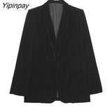 Yipinpay Women Velvet Blazer Suit Sets 2023 Spring Autumn 2Pcs Office Outfits Solid Jacket+Zipper Trousers Basic Long Pant Outwear