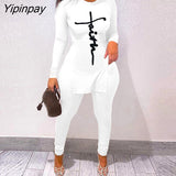 Yipinpay Women Chic Letter Print Split Hem Long Sleeve Top & Camouflage High Waist Pants Set