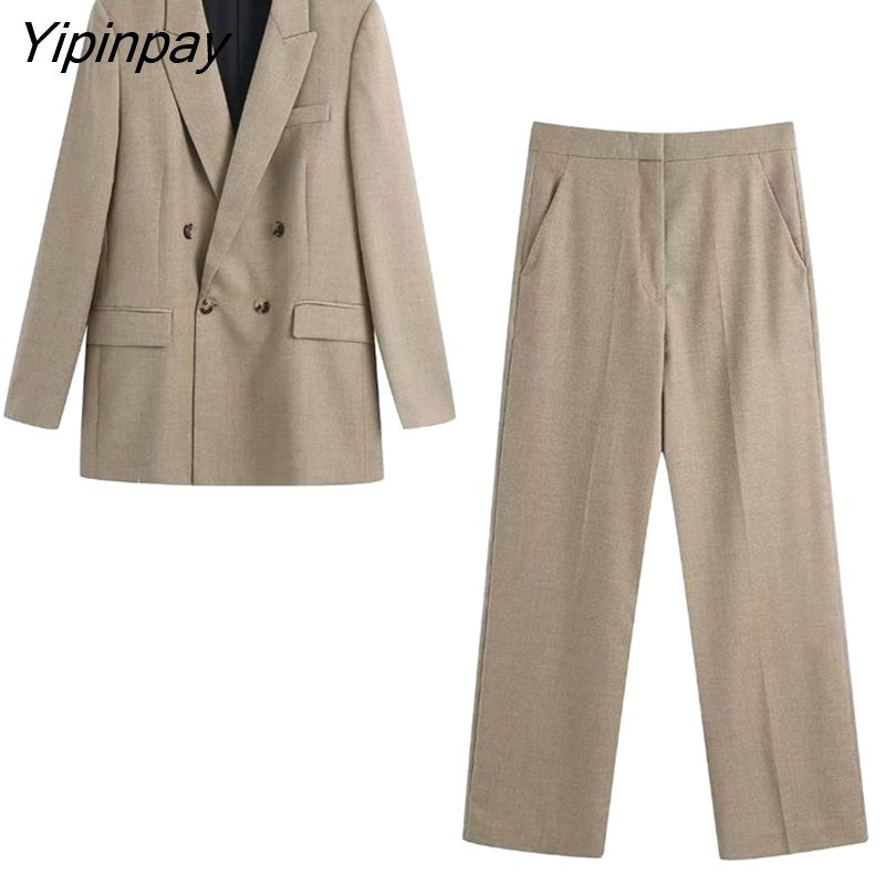 Yipinpay Women New Autumn Blazer Pant Sets 2023 Long Sleeve Office Outfits Coat Double Breasted Jacket Zipper Trouser Outwear