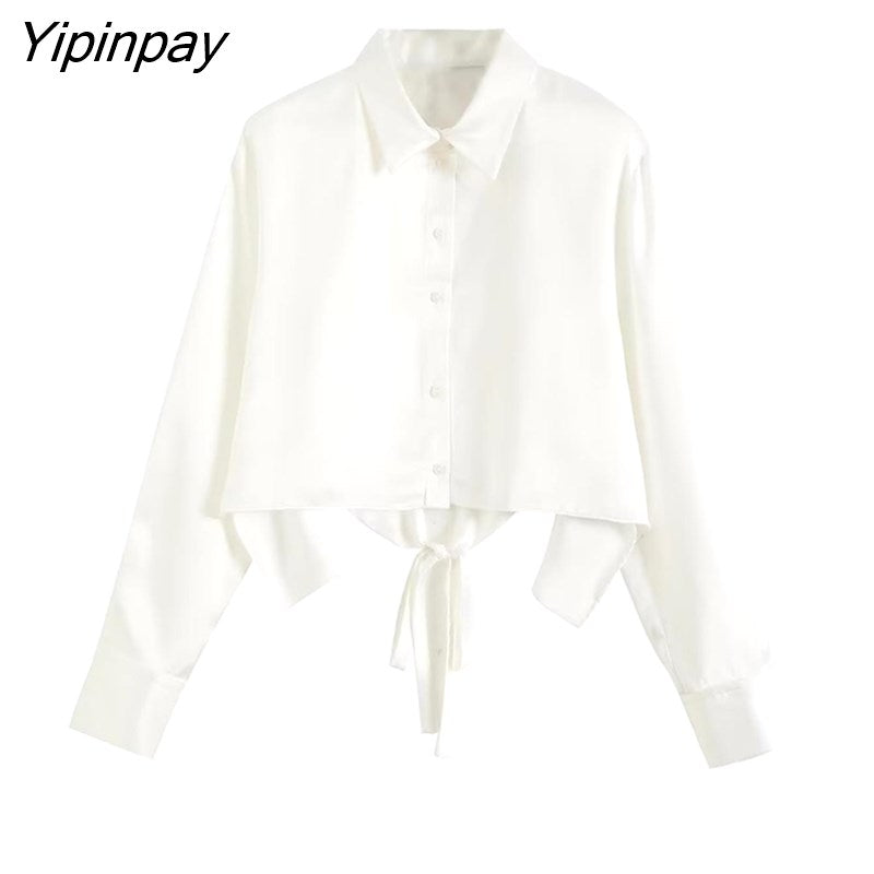 Yipinpay 2023 Summer Women Hollow Out Blouses Shirt 2023 Fashion Female Long Sleeve Short Tops Single Breasted Bow T-Shirts