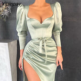 Yipinpay Women High Slit Ruched Plain Evening Dress Maxi Bodycon Dress Elegant Party Dress