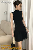 Yipinpay Black Two Piece Sets Womens Outfits Design Irregular Knitted Sleeveless Tops + Pleated Mini Skirts Suits Sporty Summer