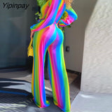 Yipinpay Women Elegant Rainbow Pattern with Belt Straight Deep V Neck Jumpsuit Sexy Jumpsuit