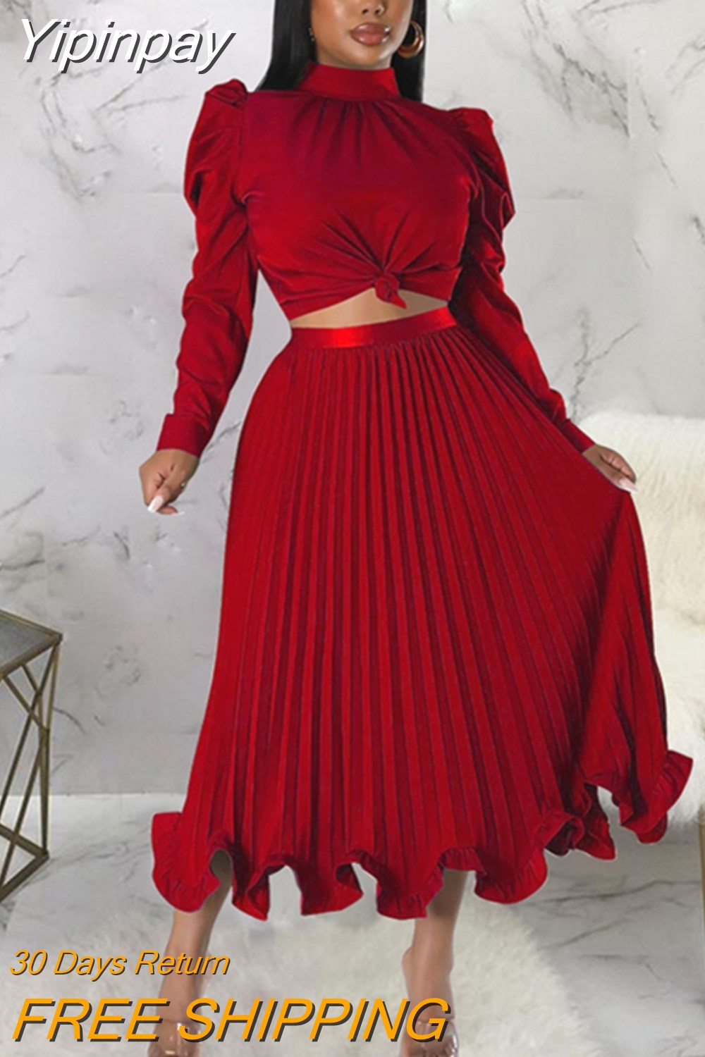 Yipinpay Women Sets Two Piece Set O-Neck Long Lantern Sleeve Top And Elegant Pleated Long Skirt High Streetwear Casual Beach Suit