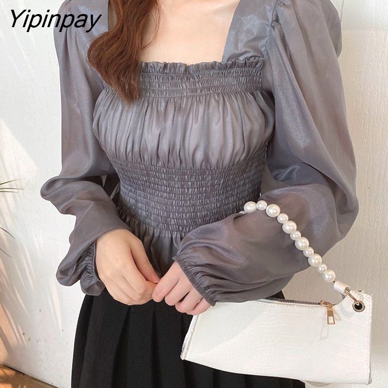 Yipinpay Square-neck Blouse Women New Design Puff Sleeve Chiffon Shirt Thin Tops Dropshipping