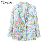 Yipinpay Women Spring Summer Thin Print Blazer Suits Sets 2023 Fashion Silk Satin Double Breasted Jacket Casual Wide Leg Pants