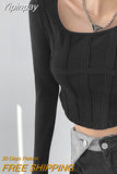 Yipinpay New Fishbone Pattern Women's Long Sleeve T-shirt Fashion High Waist Slim Square Collar Cropped Tops Woman