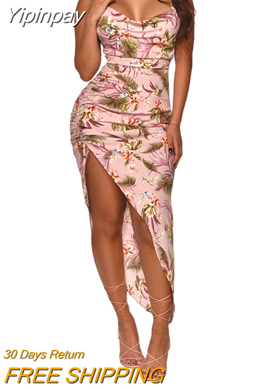 Yipinpay Tropical Leaves Flowers Print Halter Slit Dress Women Sexy Sleeveless Draped V-Neck Wrapped Sundress Party Vacation