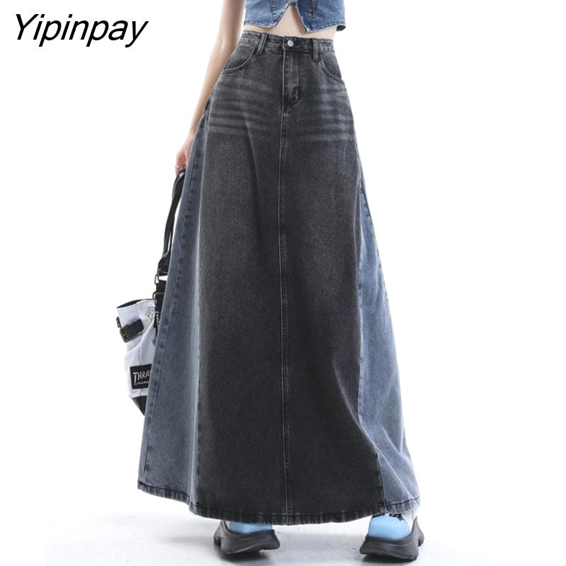 Yipinpay Vintage Denim Long Skirt Women High Waist Color Matching High Waist Jean Skirts For Ladies