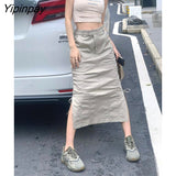 Yipinpay Casual Splitr Cargo Women Skirts Streetwear Solid Vintage High Waist Midi Skirt