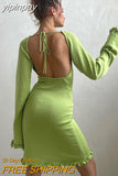 yipinpay Sexy Summer Backless Women Bandage Mini Knitted Party Club Dress Green Ruffles Long Sleeve Fashion Casual Wrap Dress 2023