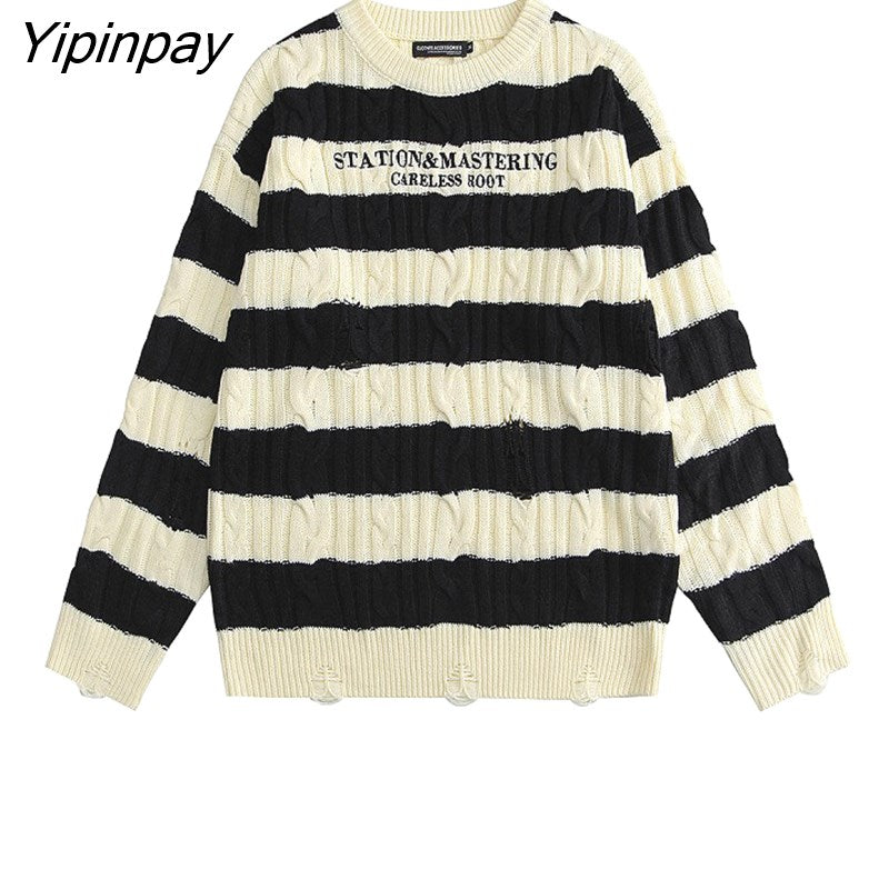 Yipinpay Winter Korean style Letter Embroidery Women's Sweater Loose Striped Long Sleeve Warm Knit Pullover Casual Female Clothing