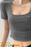 Yipinpay Square Neck Tops Women Summer Tight Short Sleeve Tees Solid Color Cropped Top Female 2023 New